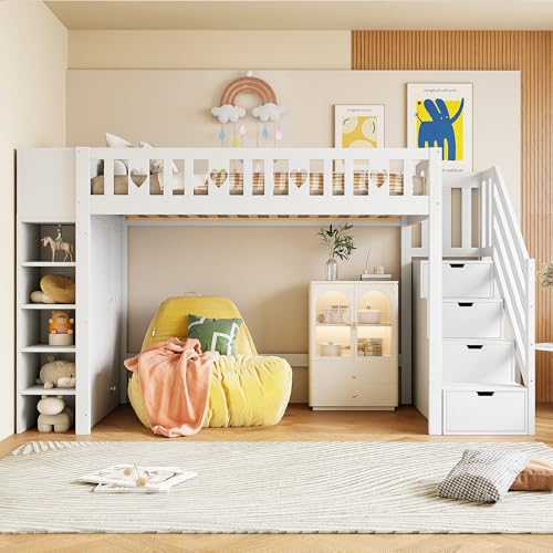 Soweiz Cama alta, 90 x 200 cm, escalera de almacenamiento, estanterías, armario de almacenamiento plegable, espacio libre debajo de la cama para vestirse, estable y duradero, barandilla en forma de