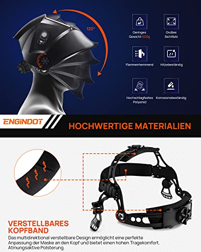 Schweißhelm, ENGINDOT Automatik Verdunkelung Schweißmaske, optische Klasse 1/1/1/1 Schweißmaske mit 4 Sensoren, Vollschattenbereich 4/4-8/9-13, Wig MIG MAG Modi etc., 6 Ersatzlinsen - Image 6