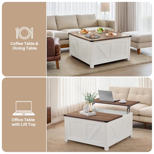 Redlife Farmhouse 35\" Lift Top Coffee Table with Storage, Square Coffee Table with Charging Station, Hidden Storage Space and Hydraulic Gas Rod, Large Square Coffee Table for Living Room(Walnut)