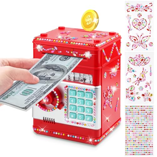 Piggy Bank for Kids Girls Boys with Password Code Lock Cash Coin Can Piggy Bank Girls Electronic Money Safe Bank for Kids Money Box with DIY Diamond Sticker Gift for 4 7 8 9 10 11 Year Old Boys