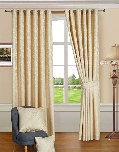 Quality Readymade Fully Lined Jacquard Curtain Ring Top Eyelet Curtain Pair With Tiebacks (Beige, 90 x 108 Inch)
