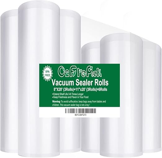 O2frepak 6Pack 8"x20'(3Rolls) and 11"x20' (3Rolls) Vacuum Sealer Bags Rolls with BPA Free,Heavy Duty Vacuum Sealer Storage Bags Rolls,Cut to Size Roll,Great for Sous Vide