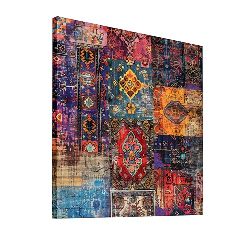 Image of Abstract Persian Rug Pattern Stretched Canvas Wall Art Painting for Living Room | Vintage Ethnic Patchwork Artwork Painting | Bohemian Decorative Wall Decor for Home & Office, 22x22 Inch
