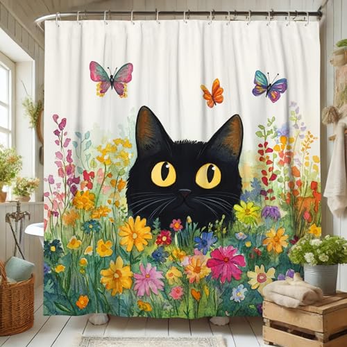 Floral Shower Curtain, Watercolor Cat Yellow Eyes Shower Curtains for Bathroom Decor, Spring Summer Modern Playful Waterproof Fabric with Hooks 62x72 Inch