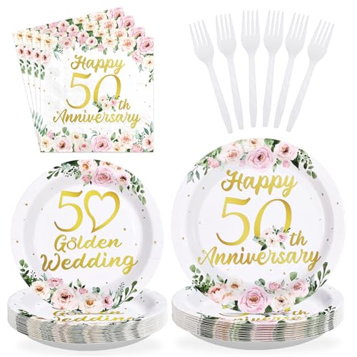 Greencian 96 Pcs 50th Anniversary Decorations Pink Floral Happy 50th Anniversary Plates and Napkins Disposable Golden Wedding Tableware Set for Wedding 50 Years Loved Party Supplies Serves 24