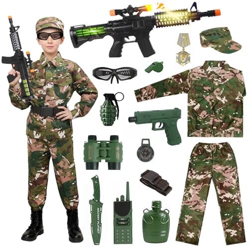Disfarce militar para criança, disfarce militar para criança, disfarces soldado jogo RPG Kit com fato soldado, chapéu de camuflagem, pistola de brinquedo, walkie-talkie, telescópios, assoba, para o