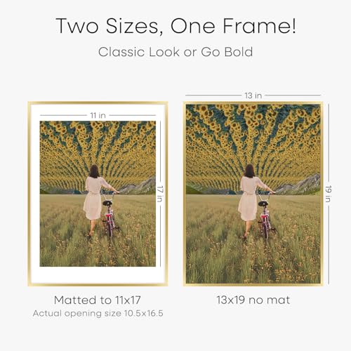 Image of Homeforia 13x19 Picture Frame Gold, High End Metal 13x19 Poster Frames with Mat 11x17 Photo, 13 x 19 Gold Frames Matted to 11 by 17 Print, 19x13 Thin Hanging Frames, Tempered Glass, Wall Kit, Set of 1