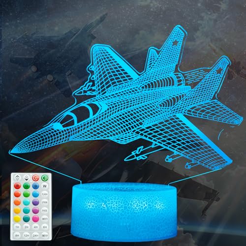 POSSHE Warplane Night Light, Airplane Gifts, Aviation 3D Illusion Night Light with 16 Colors Changing, Remote Control with Timer, Fighter Kids Room Decoration for Holiday Birthday Christmas