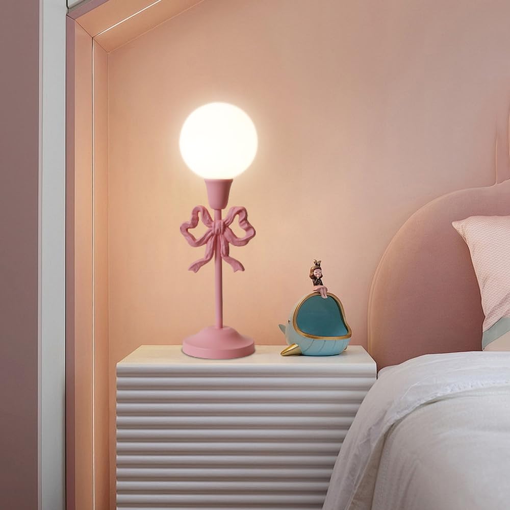 Lampa stołowa Mid Century Różowa kokardka Urocza lampa stołowa Pokój dla dziewcząt Mleczno-biała kula Dziecięca lampka nocna Lampka nocna Vintage Princess End Lampka na biurko dla dzieci Sypialnia