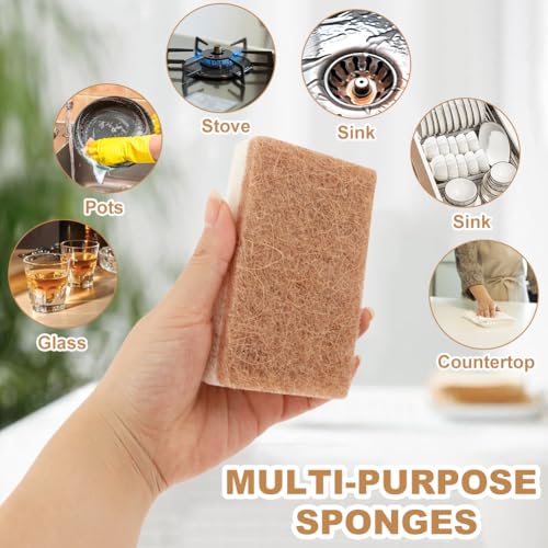 Image of 12pcs Natural Sponges for Dishes, Biodegradable Compostable Cellulose and Coconut Scrubber Sponge, Non-Scratch Reusable Cleaning Sponge for Removing Dirt and Oil in The Kitchen(Brown+White)