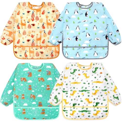 Image of Accmor 4 Pack Long Sleeve Bibs, Baby Smock Waterproof Sleeved Bib Smock for Baby Toddler 6-36 Months