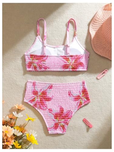 Girl's 2 Piece Floral High Waisted Swimsuit Smocked Wireless Bathing Suit Boho Holiday Beachwear Set2