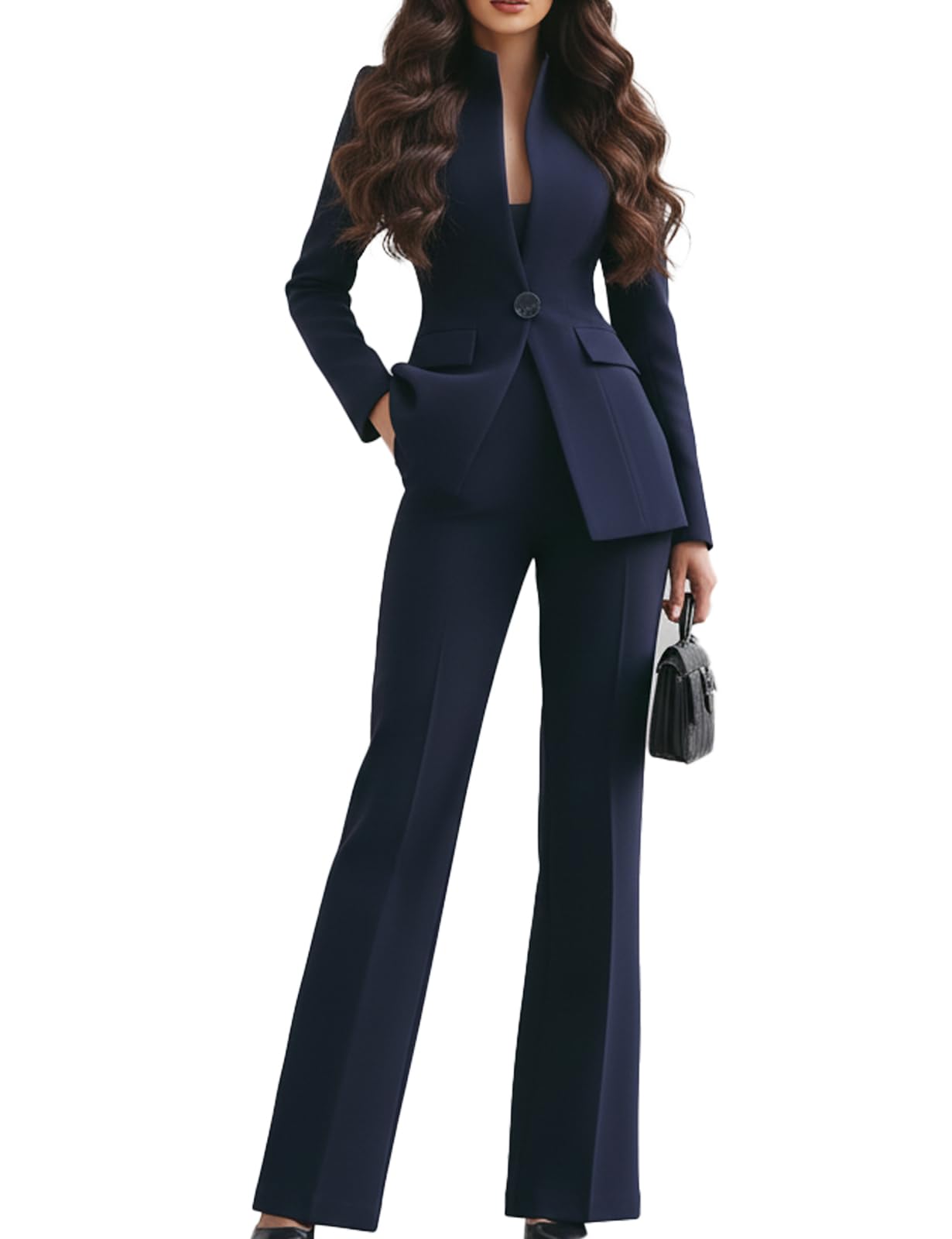 Womens Navy High-Collar Blazer and Wide-Leg Trousers Set Elegant 2 Piece Business Pantsuit for Office Work Events