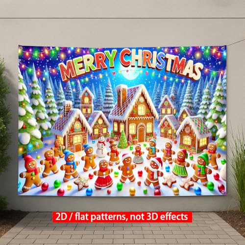 Image of Christmas Banner 71x43 Inch Gingerbread Village Snow Tree and Light String Scene Festive Holiday Backdrop Warm Seasonal Decoration for Indoor Outdoor Celebration Party Display