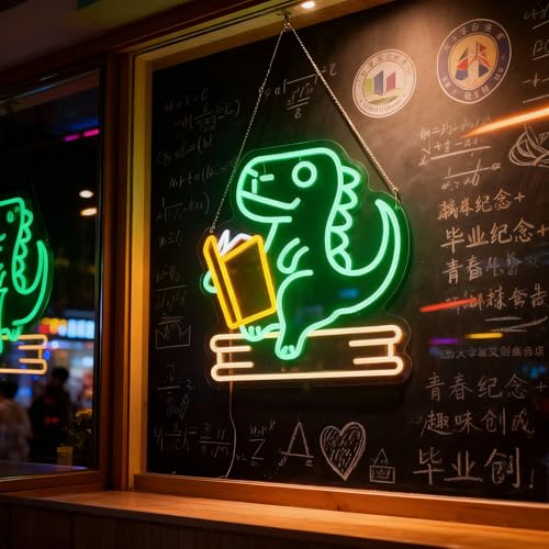 Image of Reading Dinosaur Neon Sign, Book Lover Led Neon Light, Bookish LED Sign, Bookworm Reading Club Light, Kid's Room Decor, Game Room Wall Art, Christmas & Birthday Gifts