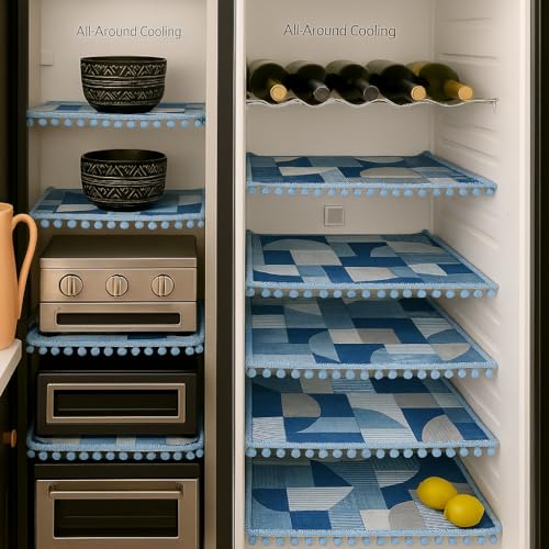 Image of Side-by-Side Door Fridge Shelf Liners Set: Mats for Refrigerator and Freezer Sections - Machine Washable Liners for Glass Shelves, Drawers, and Trays-Refrigerator Accessories, 22Pc(Blue Geometric)