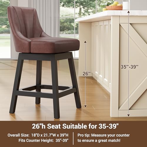 Image of YaFiti Swivel Bar Stools with Backs, 26 inch Counter Height Bar Stools Set of 6, Modern Leather Extra Upholstered Counter Barstools with Square Solid Wood Legs for Kitchen Island, Dining Room, Brown