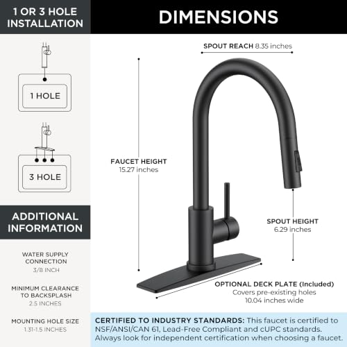 Image of FORIOUS Black Kitchen Faucet with Pull Down Sprayer, Classic Single Hole Kitchen Sink Faucet with Deck Plate, Single Handle, High Arc Stainless Steel, Fit for RV Bar Farmhouse Laundry Outdoor