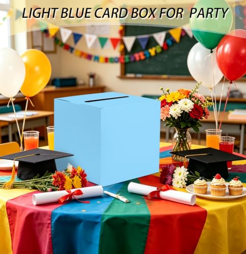 Image of SietDESEO Light Blue Card Box for Graduation Large Gift Card Box Holder 9.8 inch x 9.8 inch Money Cards Box Diy Card Box for Wedding Reception Baby Shower Birthday Cards Box Holder