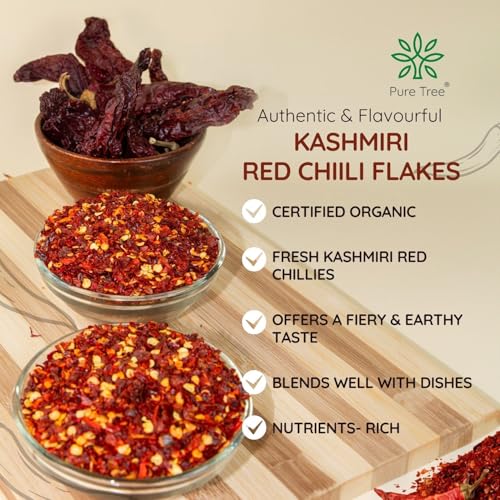 Image of Pure Tree Certified Organic Kashmiri Red Chilli Flakes | 1.8 Kg / 1800 g | Crushed Red Pepper Flakes | Organic Red Pepper Flakes Chili for Seasoning for Pizza & Salad | Dry Kashmiri Red Chilli Flakes