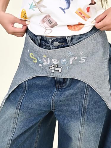 Y2k Kawaii Cartoon Letter Embroidery Tie Wrap Waist Jeans Hiphop Vintage Distressed Baggy Casual Wide Leg Denim Pants 7