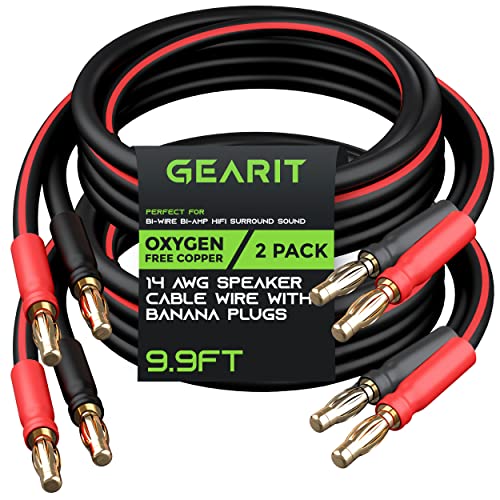 Gearit 14 Awg Speaker Cable Wire With Banana Plugs (2 Pack, 9.9 Feet - 3 Meter) 14Ga Gauge Banana Wire For Bi-Wire Bi-Amp Hifi Surround Sound - 99.9% Ofc Copper, Gold Plated Tips - Black, 10 Ft #TOP12