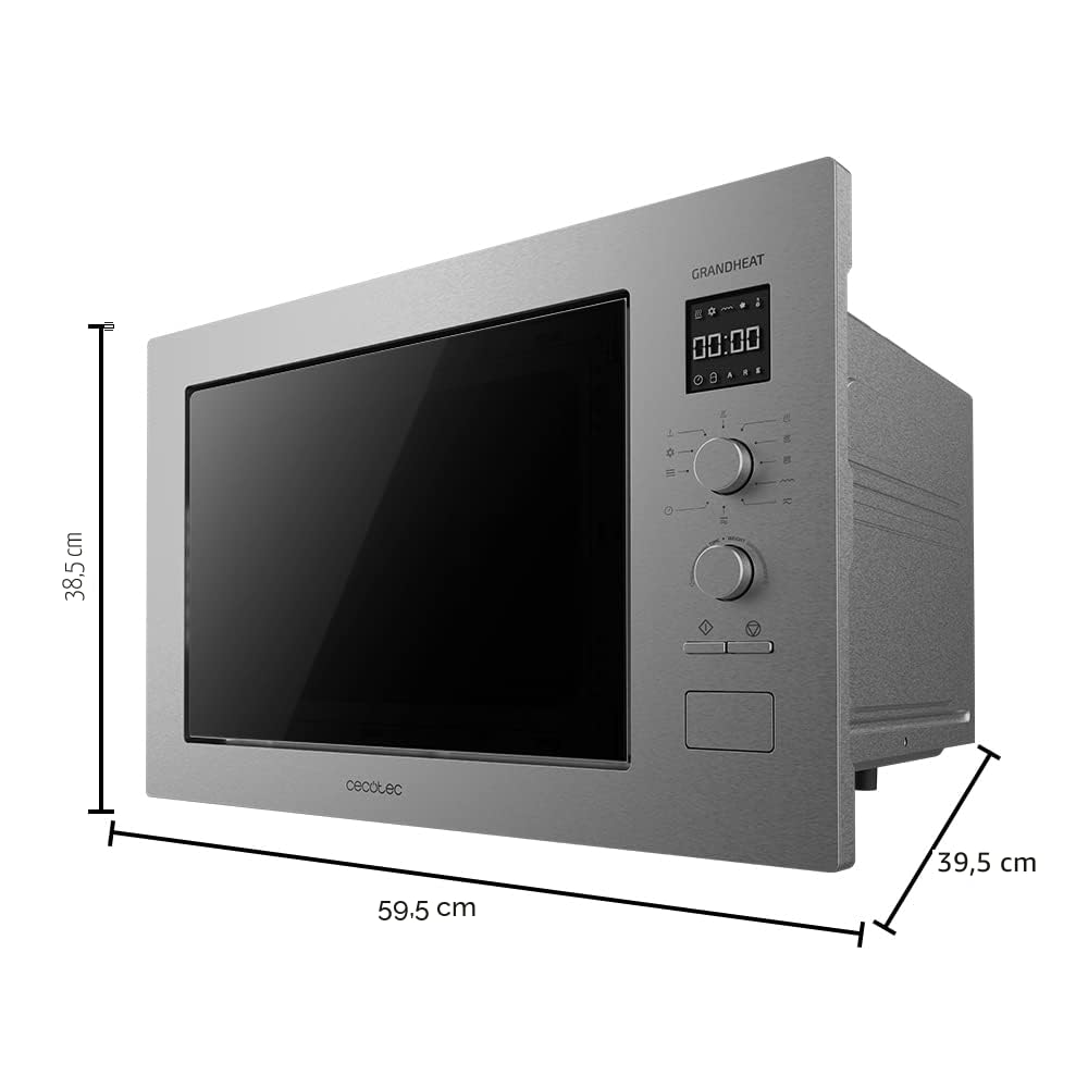 Cecotec Micro-ondes encastrable numérique 25 litres avec gril GrandHeat 2550 Built-In Steel. 1320 W, 8 fonctions, minuterie, revêtement en acier inoxydable, plateau tournant de 31,5 cm.