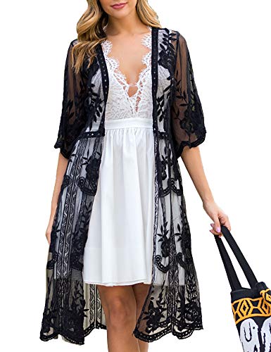 Women s Sexy Black Lace Cover Up Cardigan Boho Mesh Floral Crochet Long Beach Kimono Coverups