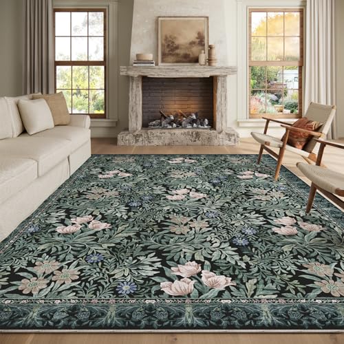 Image of Washable Area Rugs 8x10 Black Green Vintage Floral Botanical Pattern,Perfect for Living Room, Bedroom, Kids Room, Nursery - Stain & Water Resistant Non-Slip, Pet & Child Friendly /Bedroom Decor