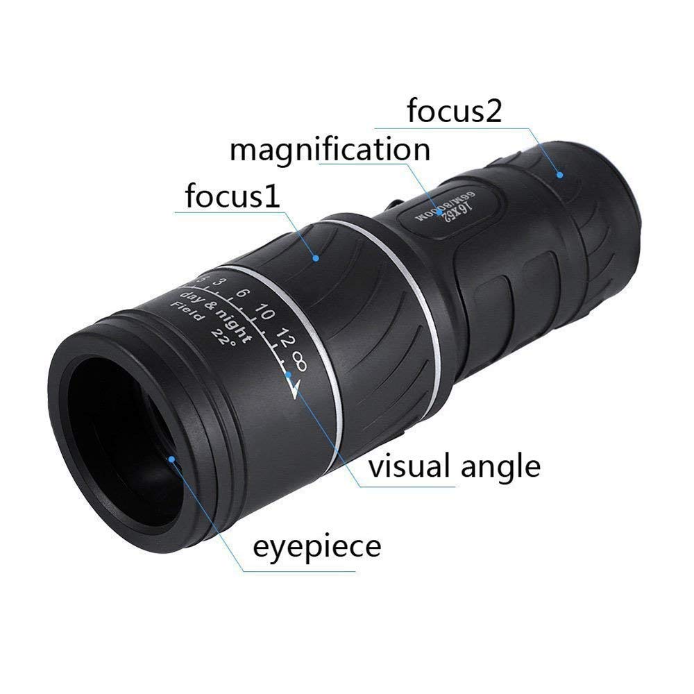 Telescopio monocular Alta Potencia 16x52, binoculares 66/8000 m, plástico Negro, para Exteriores y Deportes al Aire Libre.