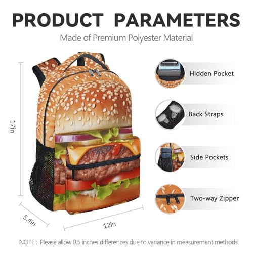 School Backpack for Kids, 17 Inch Cute Hamburger Backpacks, Lightweight Durable Food Bookbag for Travel4