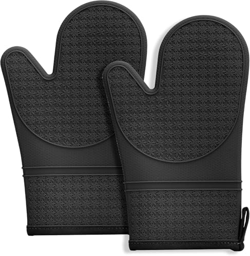 Tel Charme * 2 Silikon-Ofenhandschuhe, doppelschichtig und hitzebeständig bis 300°C. rutschfeste Handschuhe mit weichem Baumwollfutter, ideal für Küche-, Back-, Grill. (Schwarz)