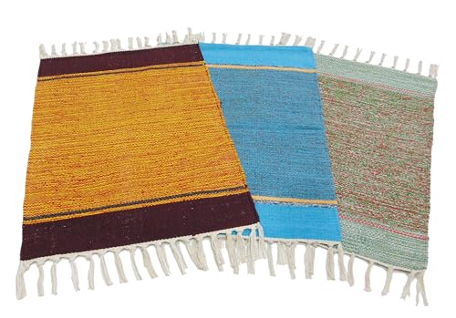 Image of MAHZEE HOME� Hand Woven Cotton Multicolor Small Rug for Bedroom, Living Room, Kids Room and Kitchen | Size : 1'4 inchx2' Feet or 16x24 Inch or 40x60 cm| 100% Organic| Machine Washable (Combo of 3 Pcs)