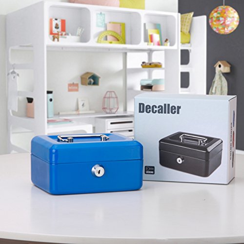 Image of Decaller Small Cash Box with Key Lock, Double Layer Metal Money Box for Home Security, Portable Locking Box, 5.9 inch x 4.7 inch x 3.2 inch, Blue