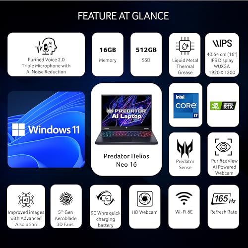 Image of Acer Predator Helios Neo 16 Gaming Laptop,Intel Core i7 14700HX processor, RTX 4050-6 GB GDDR6, WUXGA IPS Display, 400 nits, 165 Hz Refresh Rate(Win 11 Home /16 GB /512 GB)PHN16-72 with 40.64 cm(16.0 inch)