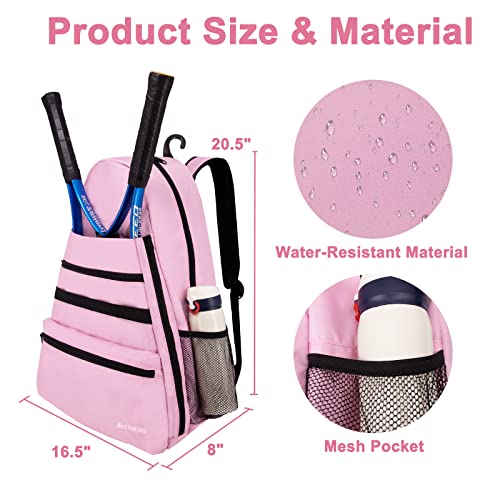 Tennis Bag Tennis Backpack Large Tennis Bag for Women & Teenagers Holds 2 Tennis Rackets & Balls, Pickleball Paddles, Badminton Racquet, Squash Racquet Large Capacity with Shoes Compartment, Pink - Thumbnail 4