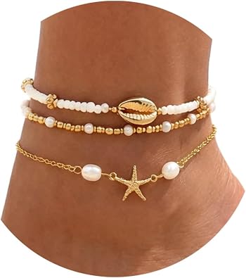 Fesciory Shell Ankle Bracelets for Women, Gold Plated Boho Anklet Set with Pearl Beads Starfish Conch Seashell, Adjustable Summer Beach Hawaiian Foot Jewelry Gift