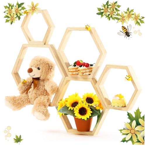 Gerrii 5 Pcs Honey Comb Decorations 5 Sizes Wood Hexagon Shelves Honeycomb Centerpiece Cupcake Stand Wooden Bee Hive Display Holder for Baby Shower Honeybee DIY Birthday Party Decor (Wood Color)