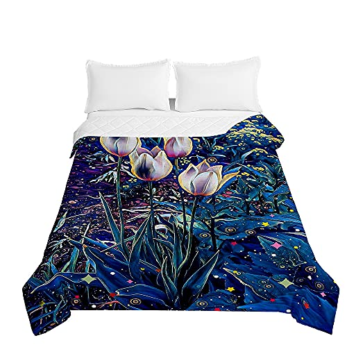 Highdi Colcha de Verano Estampado Floral Moderno, Colcha para Verano Reversible Ligera y Suave Microfibra Cubre Cama Fina, Colchas Cama Individuales Dobles Modernas (Azul,230x260cm)