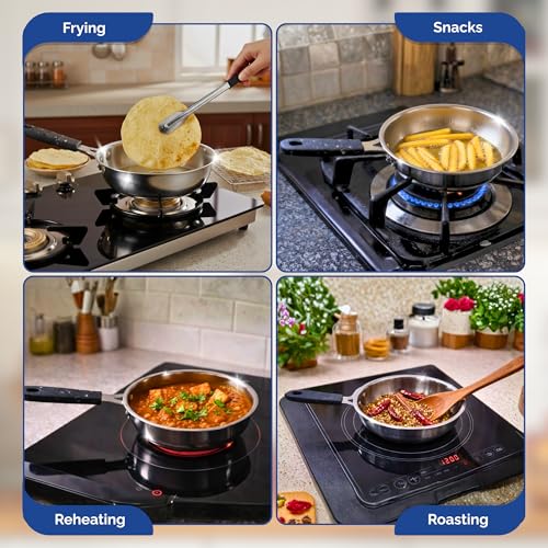 Image of TOSAA TRIPLY MINI Fry PAN- 3-Ply Stainless Steel | Small Non-Stick Frying Pan | Induction & Gas Compatible,Mini Triply Fry Pan for Everyday Cooking | Non-Reactive Steel,Use for TADKA | 430 ml