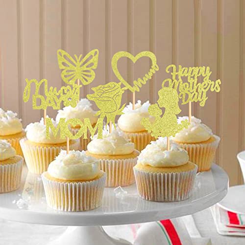 Cyodoos 28Pcs Happy Mother's Day Cupcake Toppers Mom Butterfly Rose Heart Cupcake Picks For Mother's Day Party Decoration - Gold Glitter #TOP5