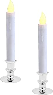 LED Battery Operated Window Candle with Timer, Flameless Taper Candles Flickering Warm Yellow Light with Silver Holders, Battery Operated Candlesticks for Home Fireplace Christmas Halloween Home Decor