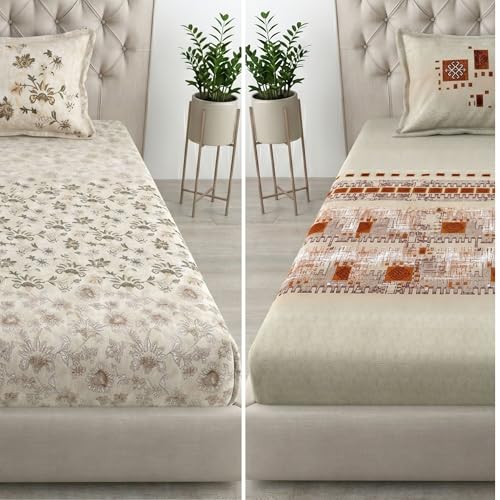 Image of Mafatlal Spring Glory Cotton Single Bedsheet Combo Pack of 2 with Pillow Covers | 180 TC Durable Soft Touch Fabric | Elegant Home Furnishing for Single Bed | Persian Red & Floral Beige