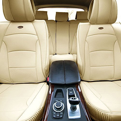 Image of FH Group Ultra Comfort Highest Grade Faux Leather Full Set Cushion Pads Car Seat Covers for Front and Rear- Fit Most Car, Truck, SUV, or Van (Solid Beige)