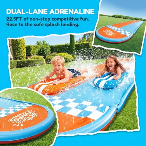 BCWATERFUNPD Inflatable Water Slide with 2 Bodyboards - 22.5ft Water Slides for Kids Backyard, Premium Muti-Way Sprinkler System Slip and Slide for Kids, Summer Outdoor Play Equipment