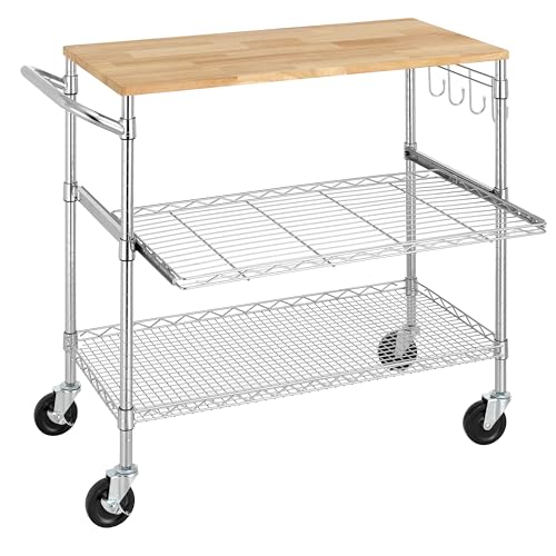 Finnhomy 3-Tier Rolling Kitchen Cart with 18' D x 36' W Oak Wood Tabletop, Kitchen Island Cart with 4' Wheels and Slider Shelf, Microwave Cart & Coffee Cart with Hooks for Dining Room, Chrome