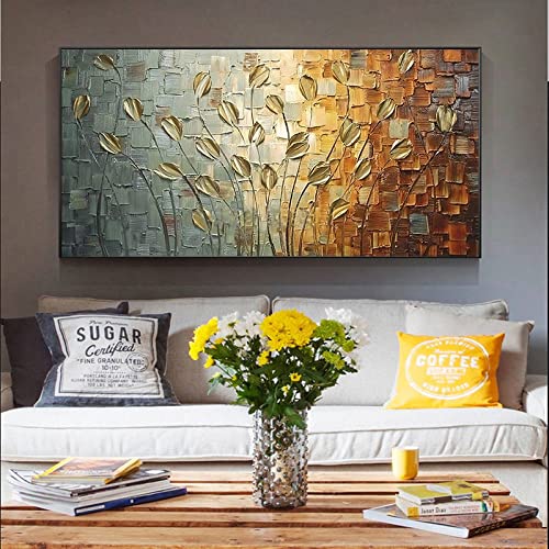 Décoration d'intérieur dorée et peinture abstraite grand format 110x220 - 3