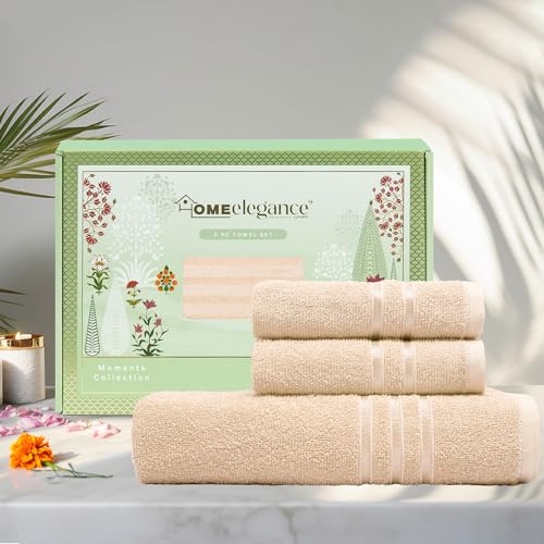 HOME ELEGANCE Moments Towel for Bath Large Size, 3 Pc Towel Set (1 Pc Bath Towel and 2 Pc Hand Towel), Smoky Almond