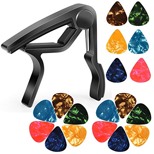 MOREYES Guitar Capo with 18 pcs Guitar Picks 0.46mm 0.71mm 0.96mm for Acoustic Guitar Electric Guitar Bass (Black)