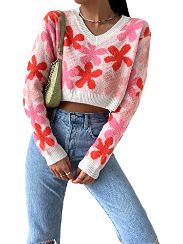 Floerns Women's Casual Rib Knit Long Sleeve V Neck Floral Pattern Drop Shoulder Crop Sweater Top Pink M #TOP15